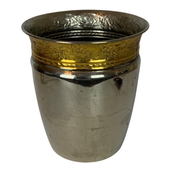 Vintage Round Metal Waste Basket With Embossed Brass Trim Made In India - Picture 2 of 7